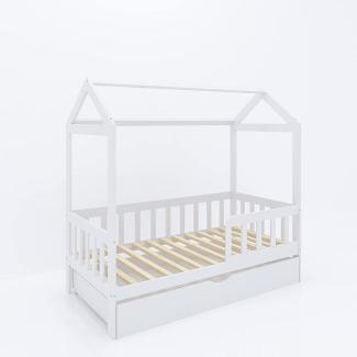 Hausbett Kinderbett 80x160 cm mit Rausfallschutz, Schublade & Lattenrost weiß 160 x 80 für Mädchen und Jungen Massivholz Kiefer