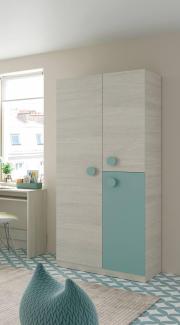 Dmora - Garderobe Manchester, Kleiderschrank im Schlafzimmer, Schrank mit 3 Türen und 3 Einlegeböden mit Kleiderstange, cm 90x52h200, Weiß und blaugrün