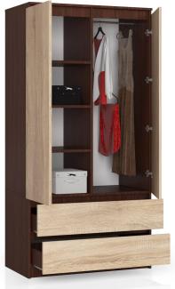 BDW Kleiderschrank 2 Türen, 4 Einlegeböden, Kleiderbügel, 2 Schubladen Kleiderschrank für das Schlafzimmer Wohnzimmer Diele 180x90x51cm (Venga/Eiche Sonoma)
