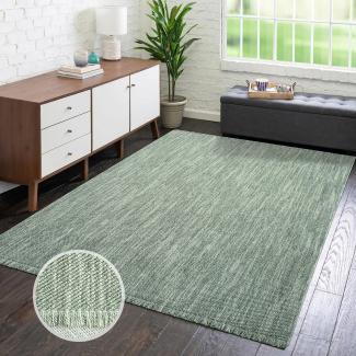 carpet city Teppich-Läufer Kurzflor Flur - Grün - 80x150 cm - Teppiche Fransen Boho-Style - Einfarbig - Schlafzimmer, Wohnzimmer