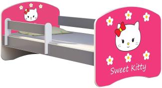 ACMA Kinderbett Jugendbett mit Einer Schublade und Matratze Grau mit Rausfallschutz Lattenrost II (16 Sweet Kitty 2, 180x80)