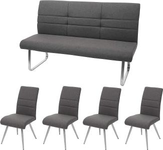 Set 4x Esszimmerstuhl+Sitzbank HWC-G55, Bank Küchenstuhl Stuhl, Stoff/Textil Edelstahl ~ grau-braun Bank 180cm