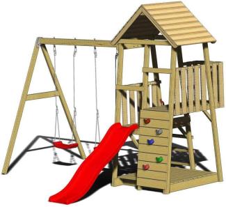 Wendi Toys Holz Spielturm Salamander | inkl. Rutsche, Kletterwand und 2 Schaukeln | Natur | 290x340x270 cm
