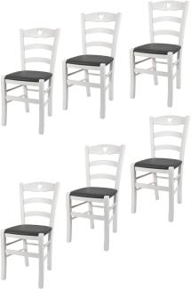 t m c s Tommychairs - 6er Set Stühle Cuore für Küche und Esszimmer, Robuste Struktur aus Buchenholz, deckend Weiss lackiert und gepolsterte Sitzfläche mit Kunstleder in der Farbe Dunkelgrau bezogen