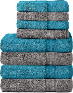 Komfortec 8er Handtuch Set aus 100% Baumwolle, 4 Badetücher 70x140 und 4 Handtücher 50x100 cm, Frottee, Weich, Towel, Groß, Anthrazit Grau/Türkis