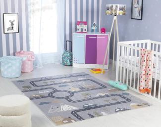Surya Auto-Spielmatte Kinderteppich - Cartoon Teppich Kinderzimmer oder Babyzimmer, Kinderzimmerteppich, Krabbelteppich oder Spielteppich - Baby Teppich für Jungen & Mädchen, Grau 160x213cm