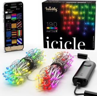 Twinkly Icicle - Hängende Lichterketten mit 190 RGB LEDs - Weihnachtsbeleuchtung für Drinnen und Draußen - App-gesteuerte Weihnachtsdeko, klares Kabel