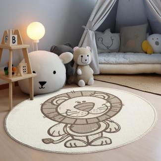 carpet city Kinderteppich Creme, Beige - 120x120 cm Rund - Tier-Muster Löwe - Kurzflor Teppiche Kinderzimmer, Spielzimmer