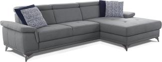 CAVADORE Ecksofa Cardy inkl. Federkern / Sofa in L-Form mit verstellbaren Kopfteilen, XL-Recamiere + Fleckschutz-Bezug / 289 x 83 x 173 cm / Grau