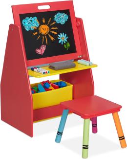 Relaxdays Kinderregal mit Tafel, Spielzeugregal, 2 Fächer & Stoffbox, HBT: 84 x 52 x 45 cm, Spieltafel mit Hocker, rot