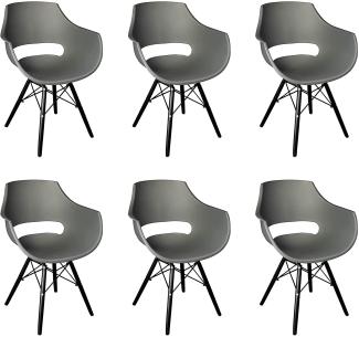 SAM 6er Set Schalenstuhl Lea, Grau, ergonomisch geformte Sitzschale aus Kunststoff, bequemer Esszimmerstuhl im Retro-Design, schwarzes Holzgestell