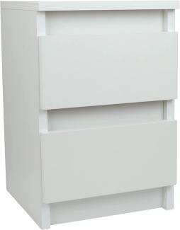 Kompakter Nachtschrank Weiss mit 2 Schubladen - Kleiner Couchtisch Weiß - Minimalistisch Beistelltisch Holz - Betttisch - Nachtkästchen mit Schublade
