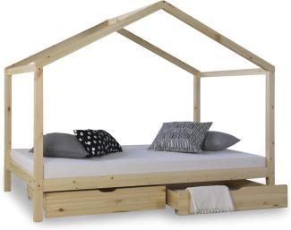 Homestyle4u Hausbett inkl. Bettkasten und Lattenrost, Kiefernholz natur, 90 x 200 cm