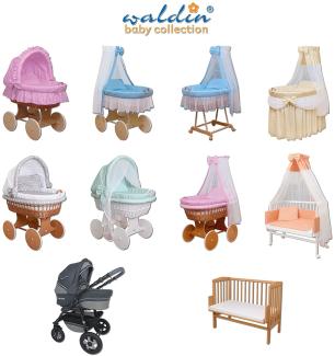 WALDIN Baby Stubenwagen-Set mit Ausstattung, Gestell/Räder natur lackiert, Ausstattung rosa kariert