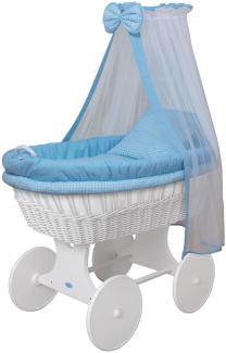 WALDIN Baby Stubenwagen-Set mit Ausstattung, Gestell/Räder weiß lackiert, Ausstattung blau kariert