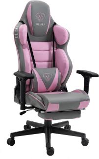 Gaming Stuhl mit Fußstütze und ergonomsichen 4D-Armlehnen gaming chair in ergonomischer Sportsitz Optik Gamer Stuhl mit verstellbaren Rückenstützkissen Bürostuhl Hellgrau / Rosa