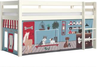 Vipack 'Pino' Halbhochbett 90x200 cm, weiß, Kiefer massiv, mit Textilset 'Pet Shop'