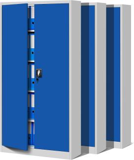 3er Set Aktenschrank C001 Metallschrank Stahlschrank Werkzeugschrank Büroschrank Lagerschrank Universalschrank Pulverbeschichtung Flügeltüren 185 cm x 90 cm x 40 cm (grau/blau)