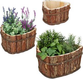 Relaxdays Blumenkasten Holz, 3er Set, Garten Deko zum Bepflanzen, Balkon und Fensterbank, Übertopf, 3 Größen, Natur