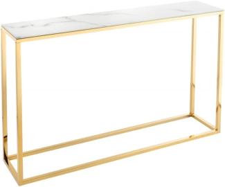 Casa Padrino Konsole Gold / Weiß / Grau Marmor Look 110 x 26 x H. 80 cm - Konsolentisch mit Glasplatte - Wohnzimmer Möbel
