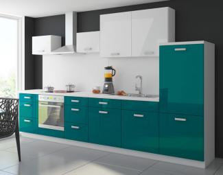 Küche Color 340 cm Küchenzeile Küchenblock Einbauküche in Hochglanz Petrol/Weiss