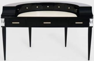 Casa Padrino Luxus Jugendstil Mahagoni Schreibtisch mit 10 Schubladen Schwarz / Silber / Grau / Weiß 144 x 79 x H. 91 cm - Halbrunder Bürotisch - Büromöbel - Luxus Qualität
