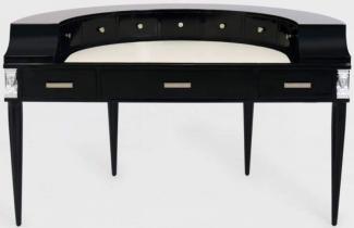 Casa Padrino Luxus Jugendstil Mahagoni Schreibtisch mit 10 Schubladen Schwarz / Silber / Grau / Weiß 144 x 79 x H. 91 cm - Halbrunder Bürotisch - Büromöbel - Luxus Qualität
