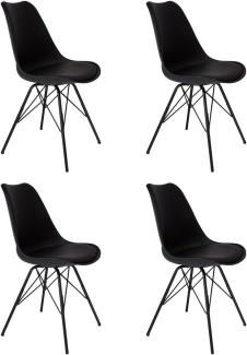 SAM 4er Set Schalenstuhl Lerche, schwarz, integriertes Kunstleder-Sitzkissen, Schwarze Metallfüße, Esszimmerstuhl im skandinavischen Stil