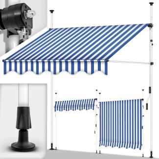 tillvex Klemmmarkise 200cm Blau-Weiß mit Handkurbel Balkon | Balkonmarkise ohne Bohren | Markise UV-beständig & höhenverstellbar | Sonnenschutz wasserdicht