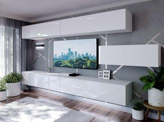 Domando Wohnwand Imperia M3 Modern für Wohnzimmer Breite 350cm, variabel hängbar, Push-to-open-System, LED Beleuchtung in weiß, Hochglanz in Weiß Matt und Weiß Hochglanz