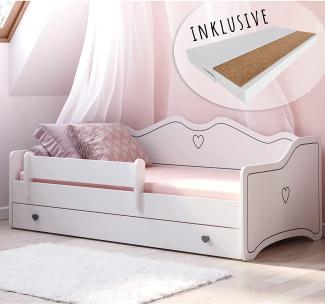 Kinderbett Mädchen Jugendbett 80x160 mit Matratze Rausfallschutz & Schublade | Prinzessin Kinder Sofa Couch Bett umbaubar grau weiß