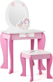 COSTWAY Kinderschminktisch mit Hocker, Schublade und Spiegel, Frisiertisch für Kinder rosa