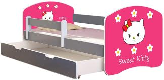 ACMA Kinderbett Jugendbett mit Einer Schublade und Matratze Grau mit Rausfallschutz Lattenrost II (16 Sweet Kitty 2, 160x80 + Bettkasten)