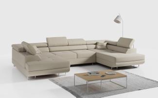 Ecksofa, Wohnzimmer U Couch, Polstersofa mit Bettkasten - GUSTAW-U - Creme Stoff