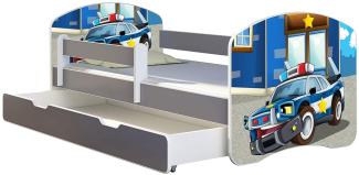 ACMA Kinderbett Jugendbett mit Einer Schublade und Matratze Grau mit Rausfallschutz Lattenrost II (38 Polizei, 140x70 + Bettkasten)