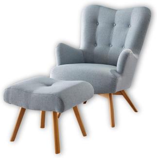 Stella Trading ARNDT Sessel mit Hocker und geknöpfter Polsterung, Aqua - Wohnzimmer Fernsehsessel mit Massivholz Füßen & Microvelours Bezug - 77 x 101 x 100 cm (B/H/T)