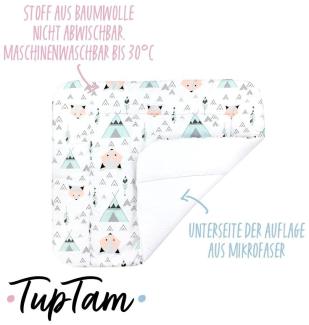 TupTam Baby Wickeltischauflage mit Baumwollbezug Gemustert, Farbe: Grau / Fuchs Mint, Größe: 75 x 85 cm