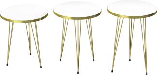 [en. casa] Beistelltisch-Set Ry Satztisch 3er Set Weiß Abstelltisch mit runder Tischplatte Hairpinlegs aus Metall Goldfarben Wohnzimmertisch