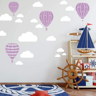 Heißluftballon & Wolken Aufkleber Wandtattoo Himmel | Wandbild 6x DIN A4 Bögen | Sticker Kinder Kinderzimmer Deko Ballons (Flieder)