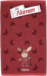 Sterntaler Esel Emmily Garden Kinderhandtuch bestickt mit Namen, MädchenKinder Baby Handtuch personalisiert besticken lassen, 30 x 50 cm Rot mit Schmetterlingen