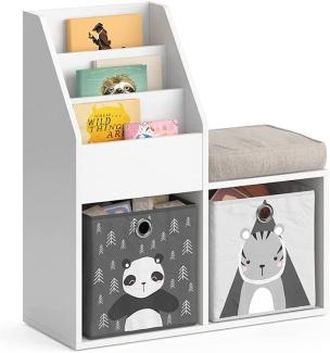 Vicco 'LUIGI' Kinderregal, weiß, mit Sitzbank, 3 Fächern für Bücher und 2 Fächern für Faltboxen, inkl. 2 Faltboxen (Panda + Pinguin / Zebra + Tiger)