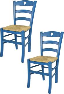 Tommychairs - 2er Set Stühle Cuore für Küche und Esszimmer, Robuste Struktur aus Buchenholz, in Anilinfarbe Blau lackiert und Sitzfläche aus Stroh