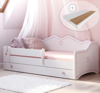 Kinderbett Mädchen Jugendbett 80x180 mit Matratze Rausfallschutz & Schublade | Prinzessin Kinder Sofa Couch Bett umbaubar rosa weiß