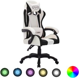 vidaXL Gaming Stuhl mit RGB LED-Leuchten Höhenverstellbar Chefsessel Bürostuhl Schreibtischstuhl Drehstuhl Sportsitz Racing Weiß Schwarz Kunstleder
