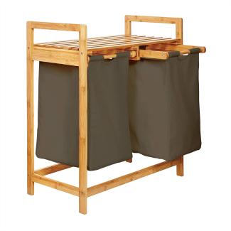 Lumaland Wäschekorb aus Bambus mit 2 ausziehbaren Wäschesäcken - Größe ca. 73 cm Höhe x 64 cm Breite x 33 cm Tiefe - Farbe Oliv