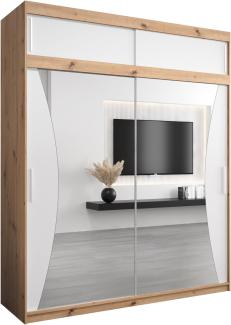 Kryspol Schwebetürenschrank Monaco 200 cm mit Spiegel Kleiderschrank mit Kleiderstange und Einlegeboden Schlafzimmer- Wohnzimmerschrank Schiebetüren (Artisan Eiche + Weiß mit Erweiterung)