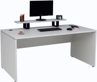 furni24 Schreibtisch fürs Arbeitszimmer und Home Office - Großer laminierter Computertisch aus Holz, 2 Kabeldurchlässe, Bodengleiter (Grau, inkl. Monitorständer, 180x80x75 cm)