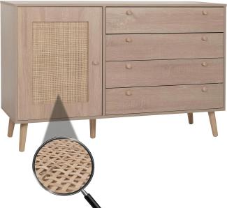 Sideboard HWC-M43, Schrank Kommode Highboard, Schubladen Staufach, Kubu Rattan Holz Melamin, Eiche-Optik