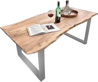 SAM Baumkantentisch 120x80 cm Quarto, Akazienholz massiv + naturfarben lackiert, Esstisch mit Silber lackiertem U-Gestell, Esszimmertisch/Holztisch im Industrial-Design, Tischplatte 26 mm