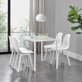 Esstisch Stathelle 105x60x75 cm Weiß Glasplatte 4 Stühle Weiß en. casa
